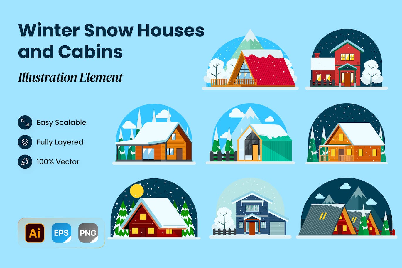 冬天雪屋和小木屋插画矢量素材 (AI,EPS,PNG,SVG)