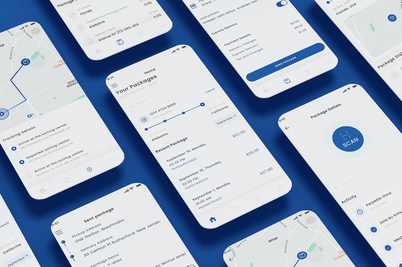 快递包裹跟踪和包裹快递应用APP UI KIT (FIG,SKETCH,PSD,XD)