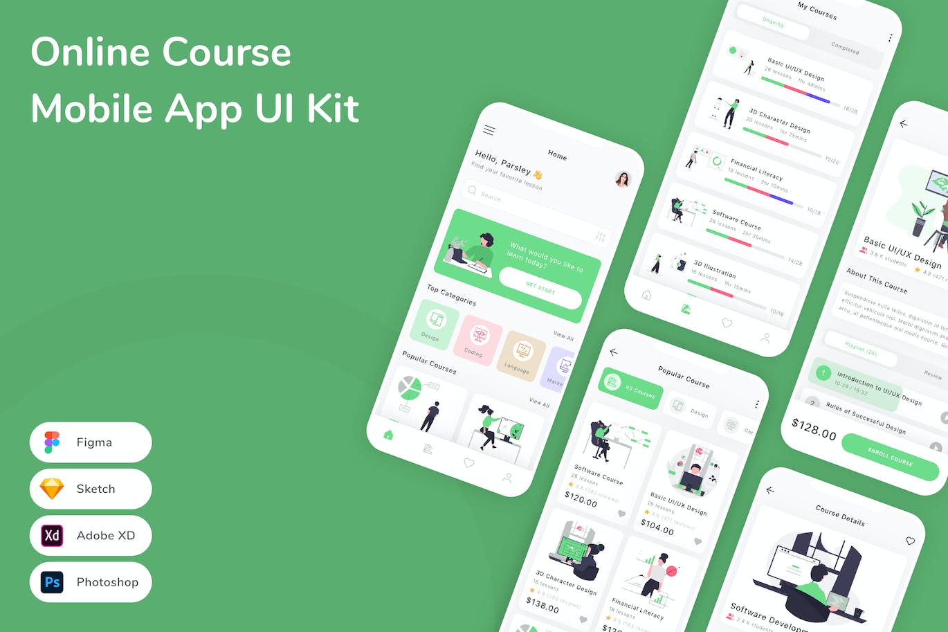 在线课程移动应用APP UI KIT (FIG,PSD,SKETCH,XD)