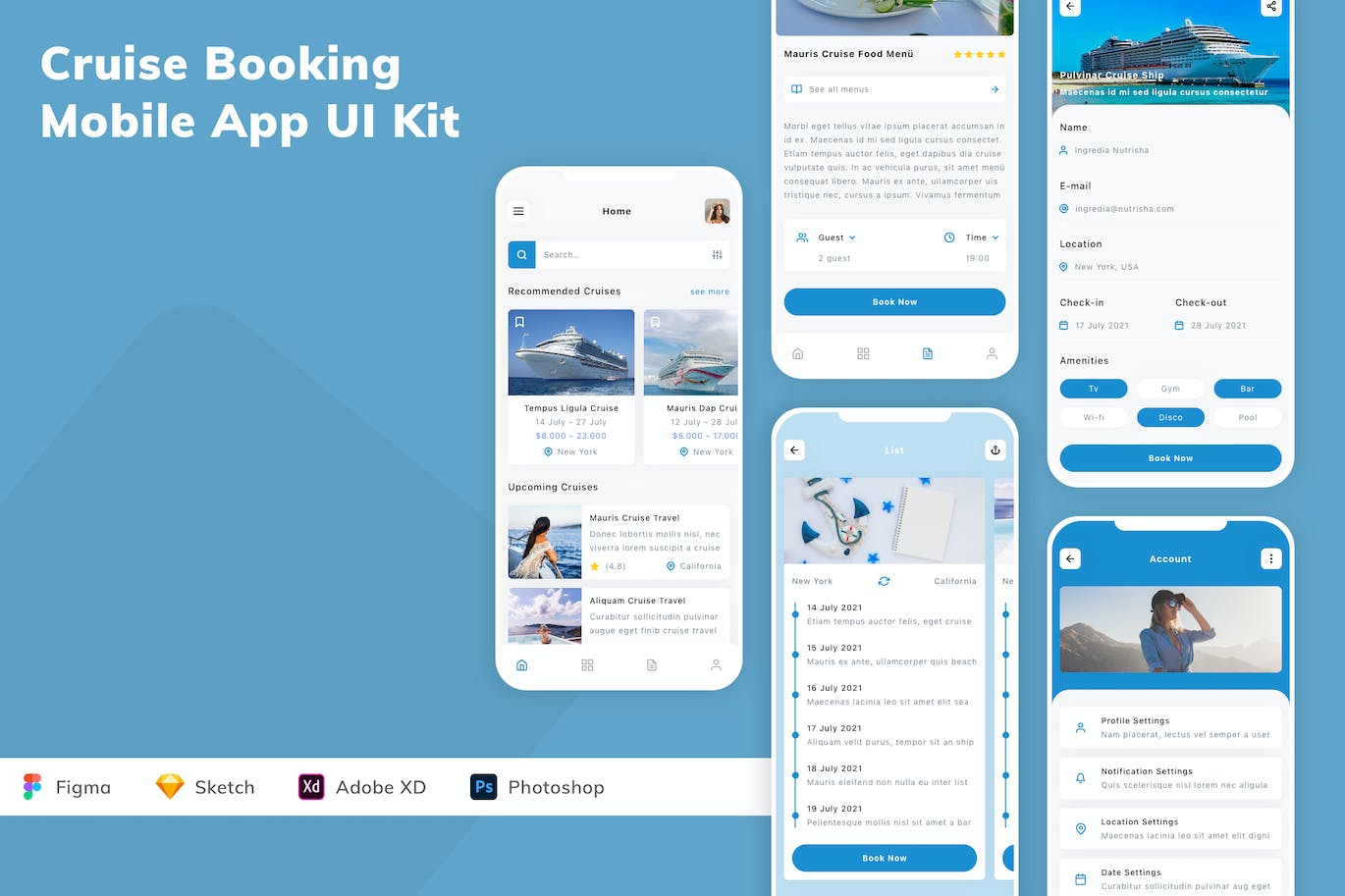 邮轮预订手机应用 App UI Kit (SKETCH,FIG,XD,PSD)