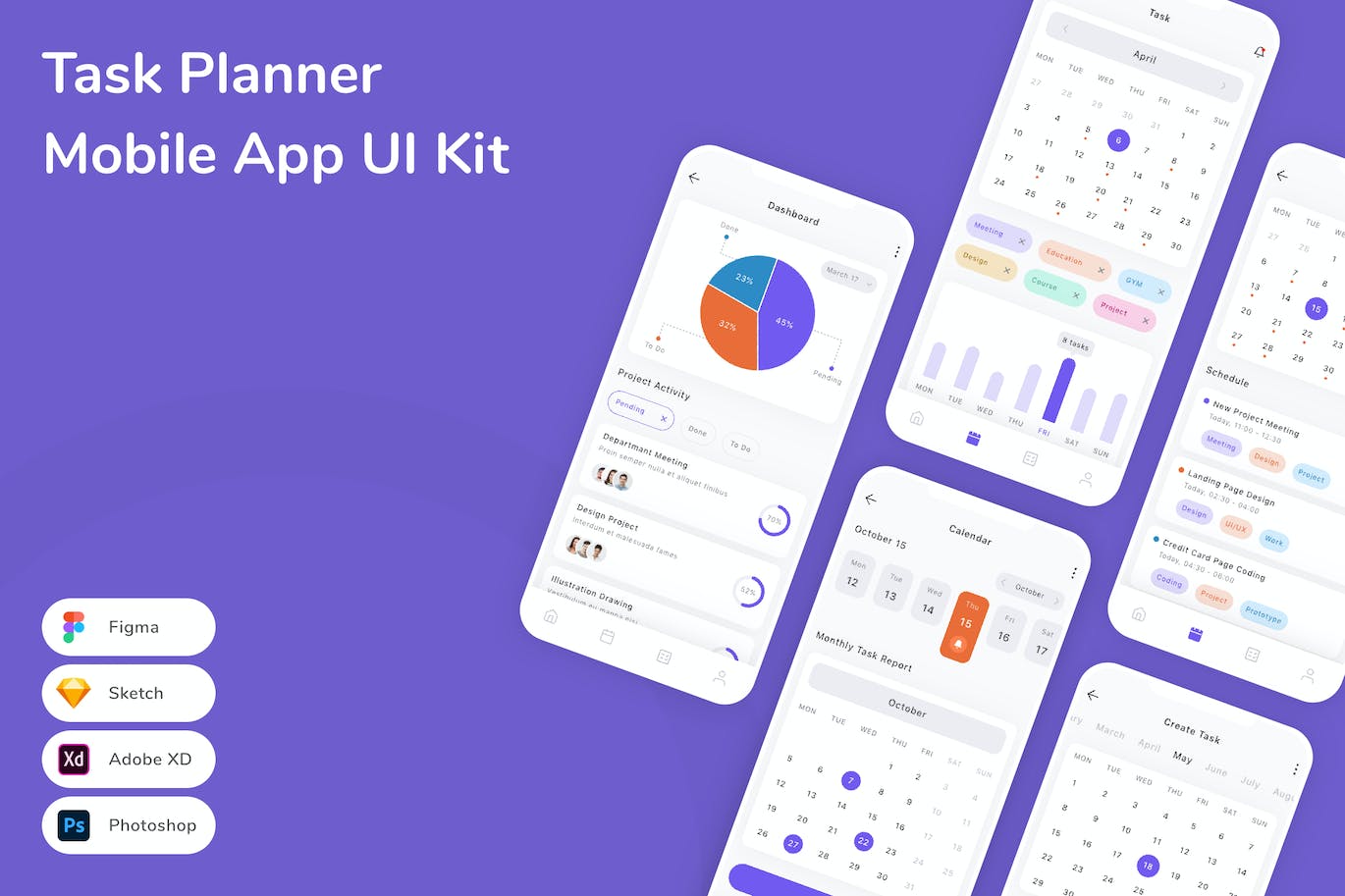 任务规划器移动应用App UI Kit (FIG,PSD,SKETCH,XD)