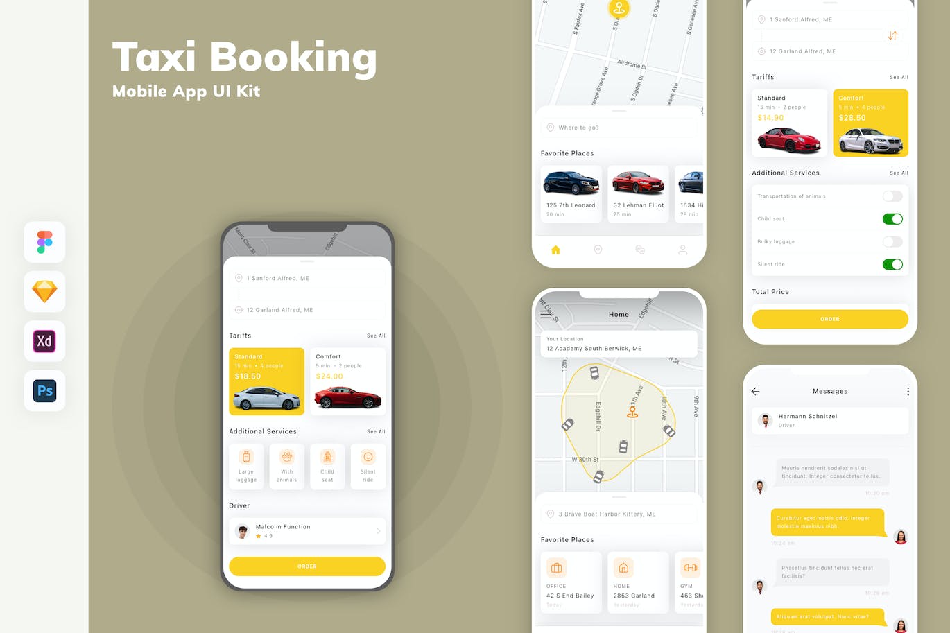 出租车预订手机应用App UI Kit (FIG,PSD,SKETCH,XD)