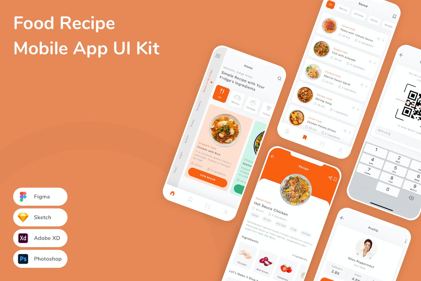 美食食谱移动应用 App UI Kit (FIG,PSD,SKETCH,XD)