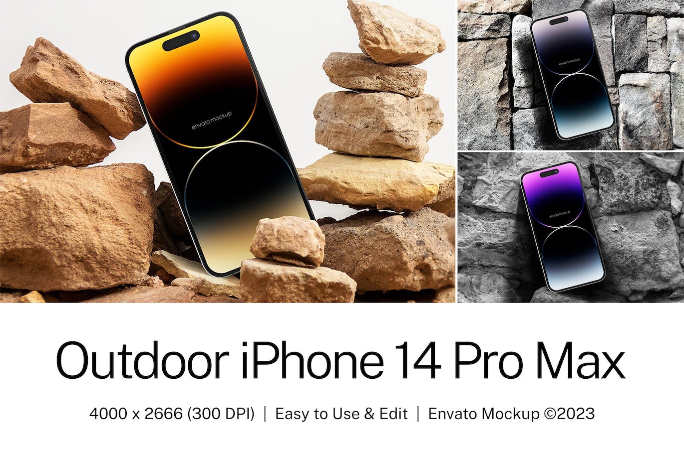 石块背景iPhone 14 Pro Max手机样机 (PSD)