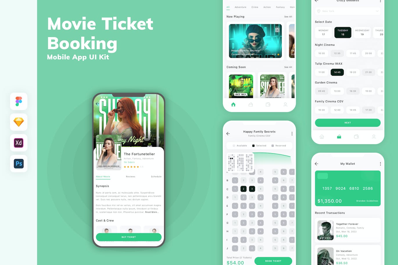 电影票预订移动应用 App UI Kit (FIG,PSD,SKETCH,XD)
