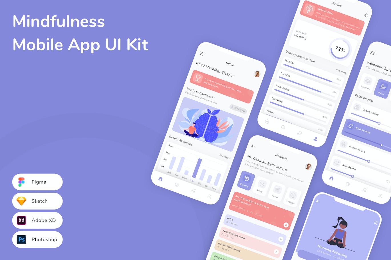 正念移动应用APP UI KIT (FIG,PSD,SKETCH,XD)