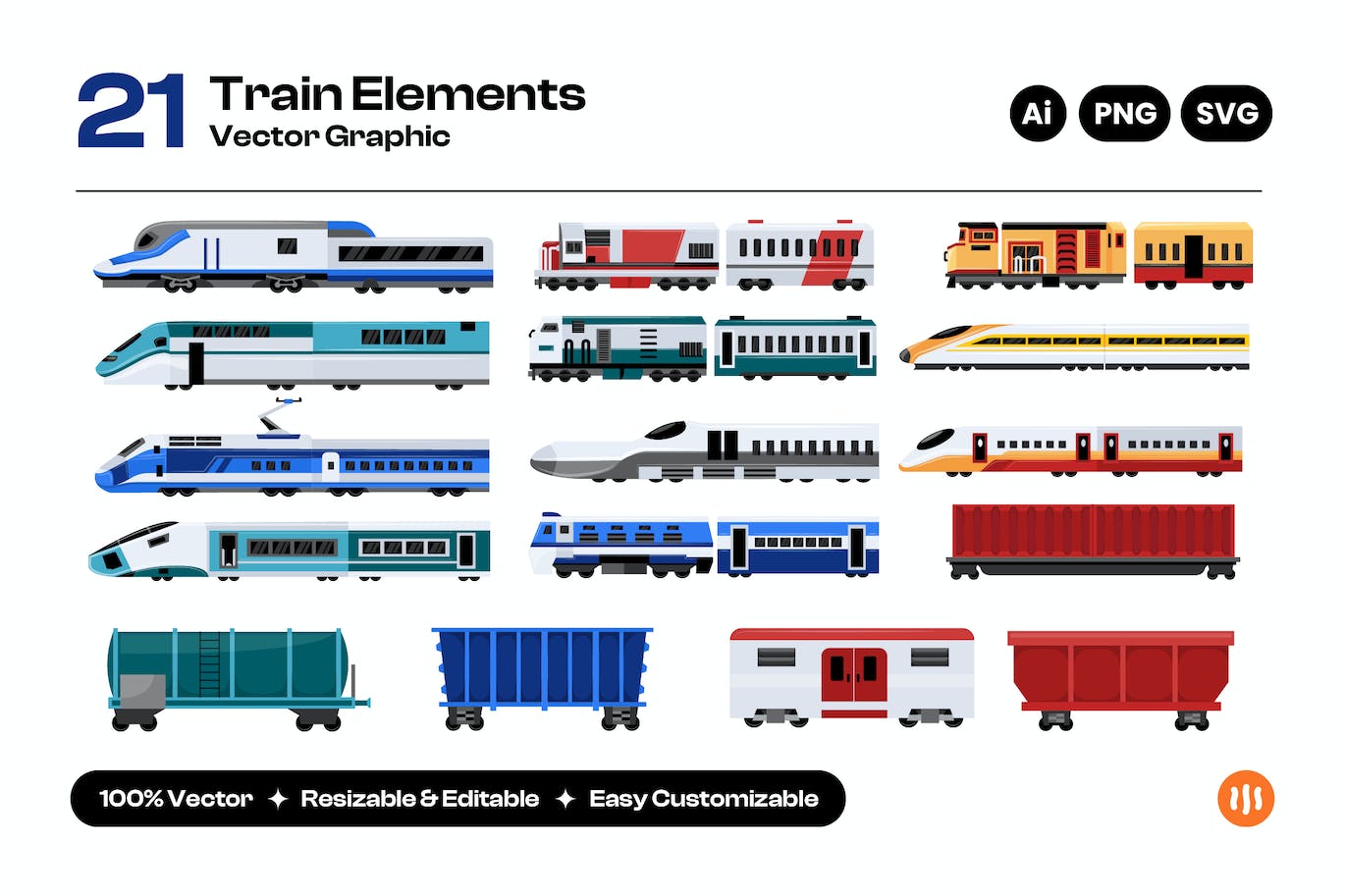 矢量铁路运输平面彩色图标集 (AI,PNG,SVG)