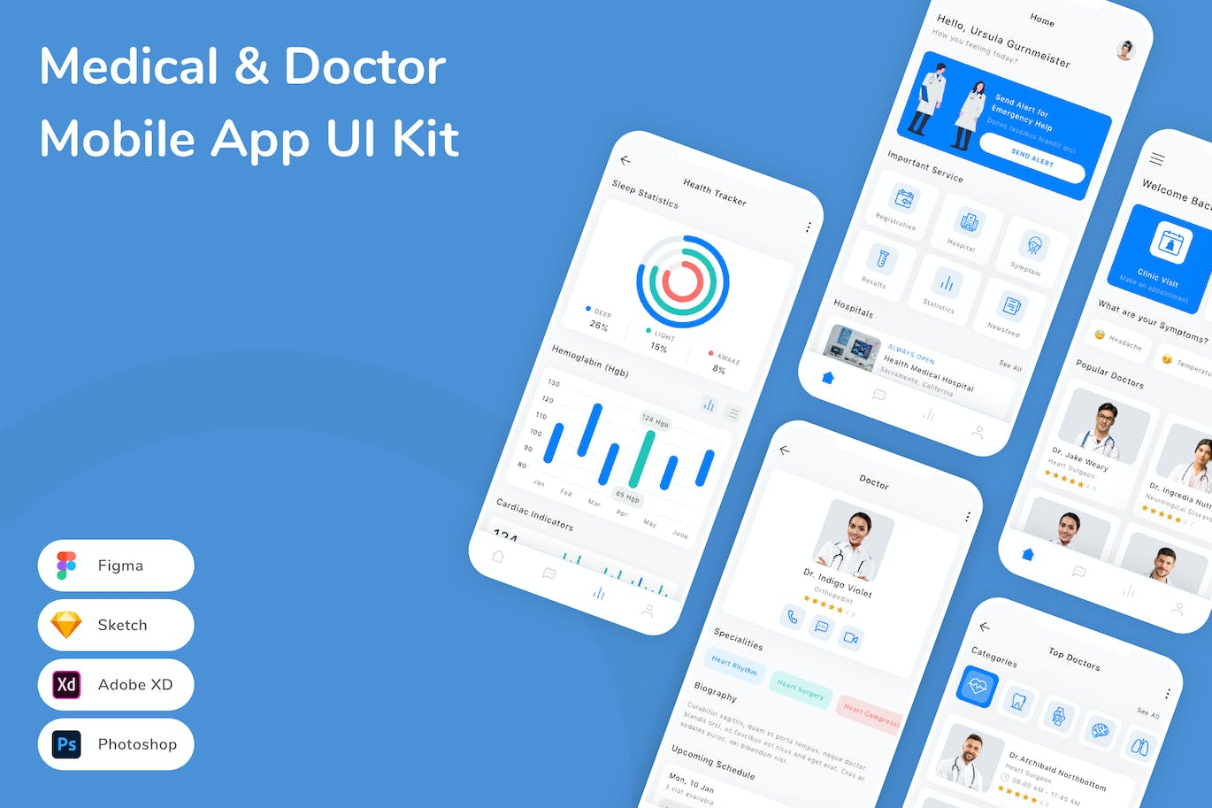 医疗和医生移动应用 App UI Kit (FIG,PSD,SKETCH,XD)
