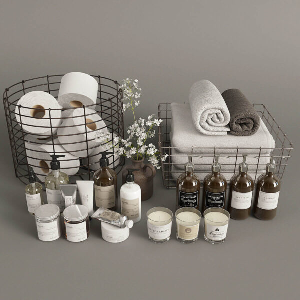 包含卷纸 洗浴用品 蜡烛香氛 毛巾和小白花束的浴室装饰组合3D模型（OBJ,FBX,MAX）