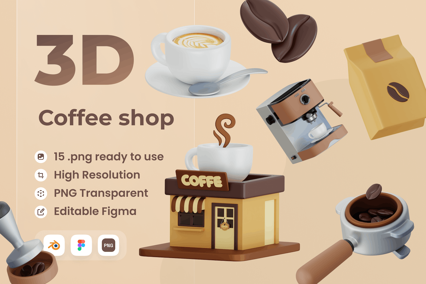咖啡店3D插图 (PNG,fig,blend)