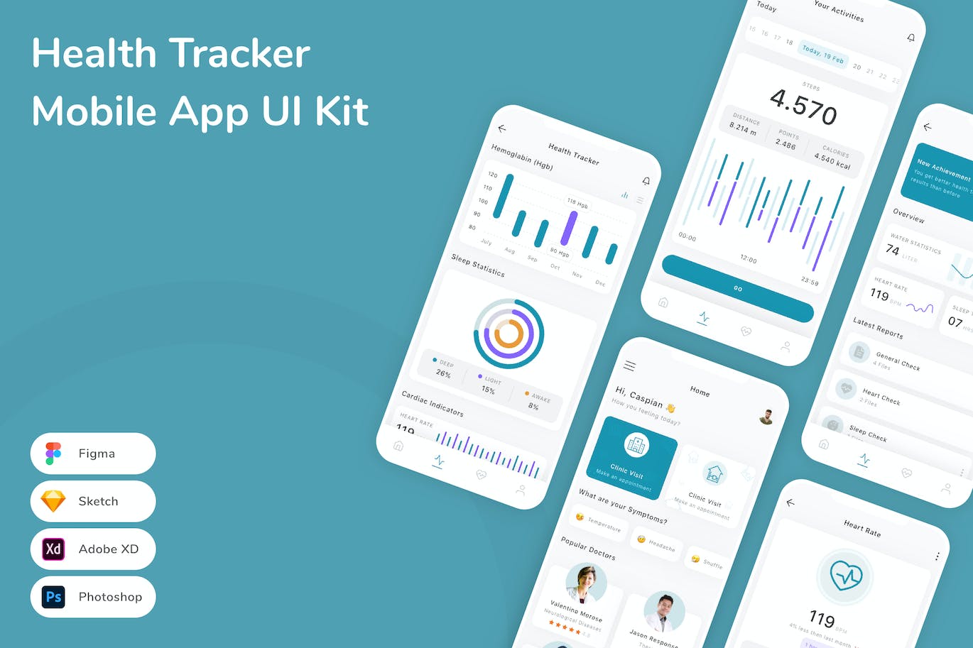 健康追踪器移动应用 App UI Kit (FIG,PSD,SKETCH,XD)