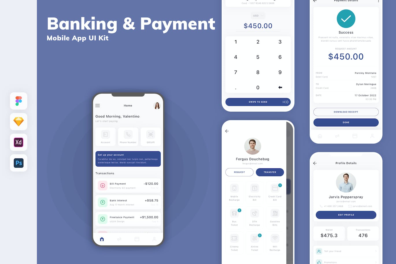 银行和支付移动应用APP UI KIT (FIG,PSD,SKETCH,XD)