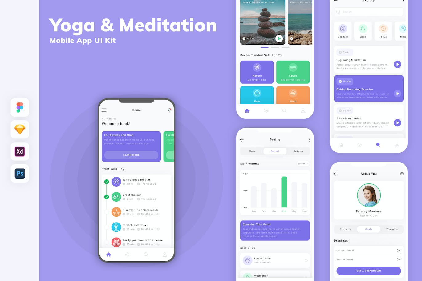 瑜伽和冥想移动应用App UI Kit (FIG,PSD,SKETCH,XD)