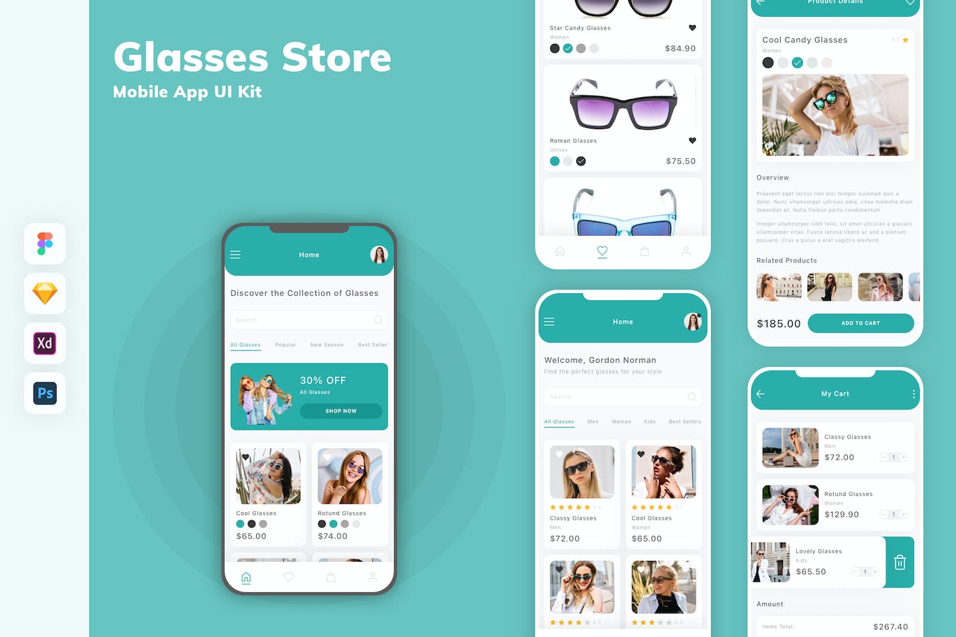 眼镜店移动应用App UI Kit (FIG,PSD,SKETCH,XD)