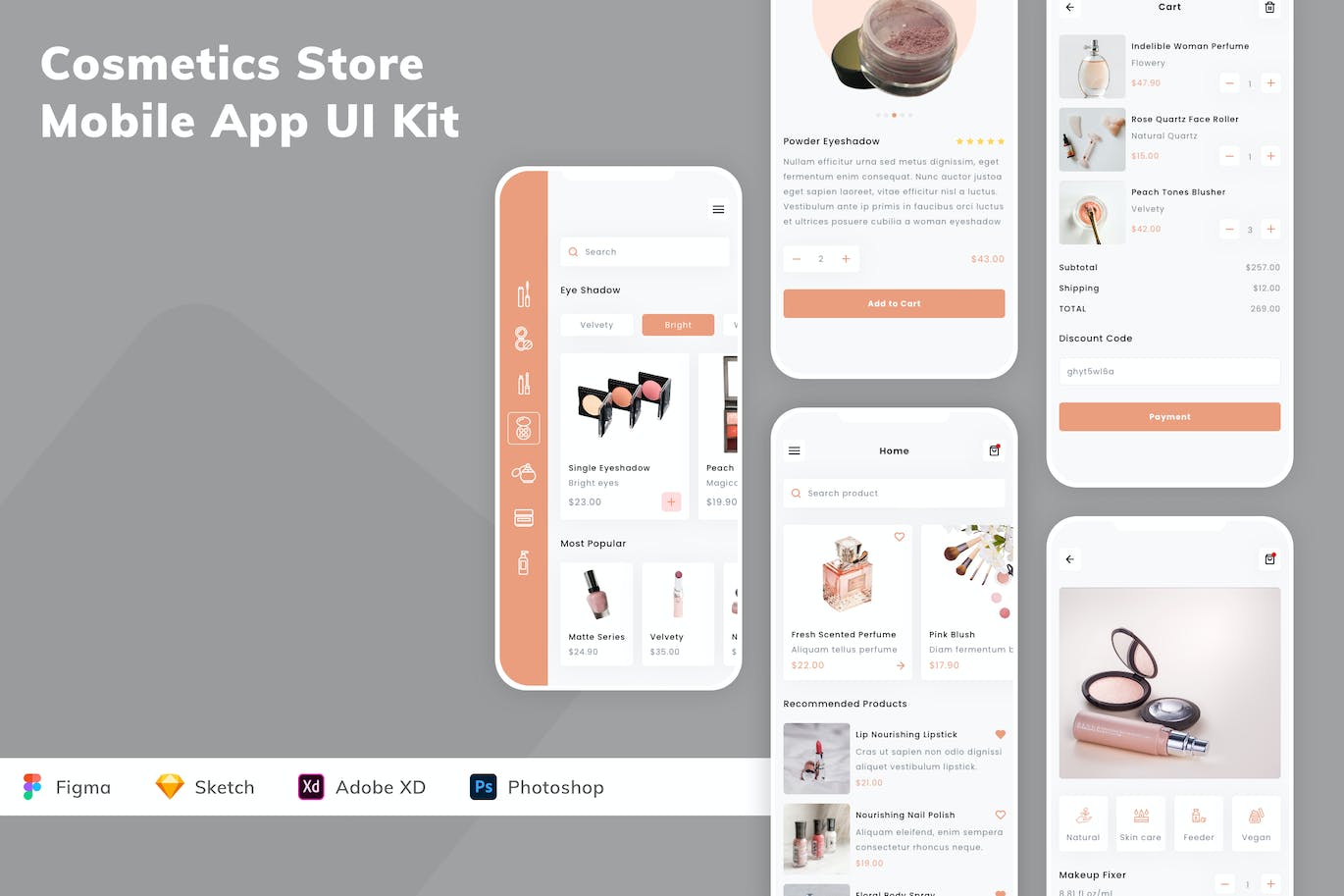 化妆品商店移动应用App UI Kit (SKETCH,FIG,XD,PSD)