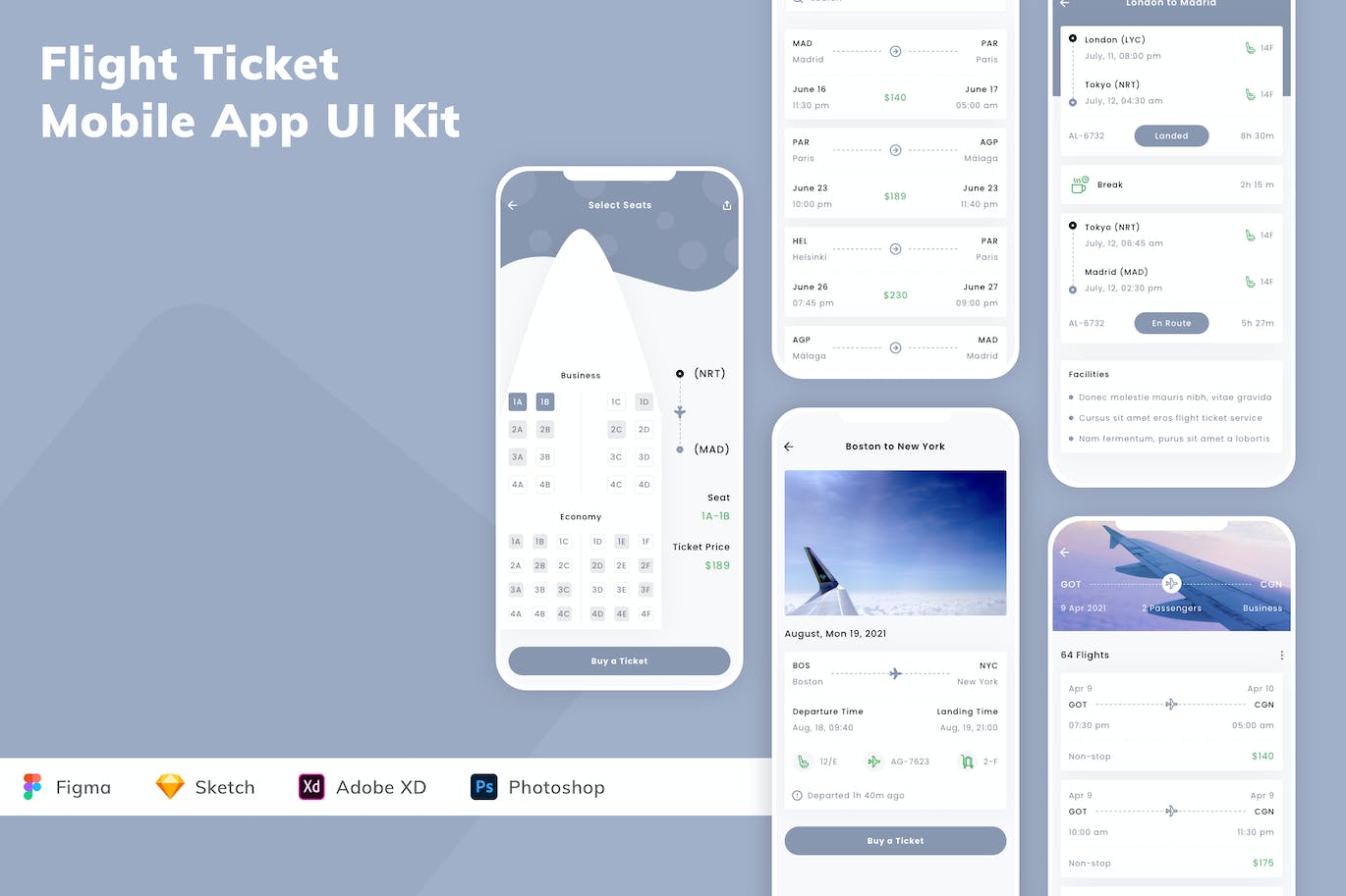 机票移动应用APP UI KIT (SKETCH,FIG,XD,PSD)