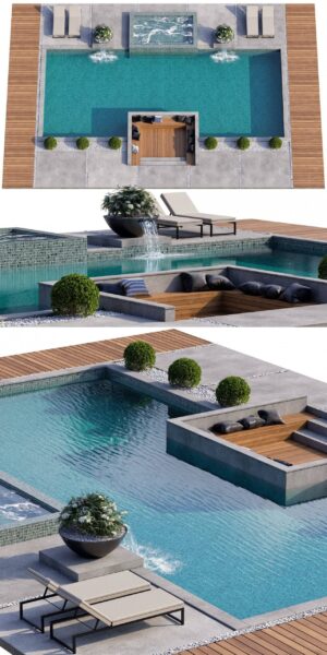 带喷泉 绿植景观和躺椅的室外游泳池3D模型（OBJ,MAX）