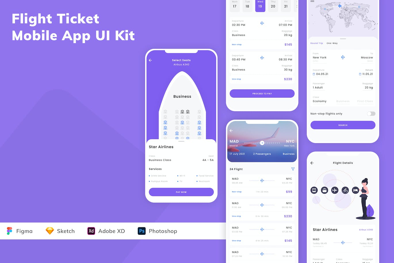 机票手机应用APP UI KIT (SKETCH,FIG,XD,PSD)