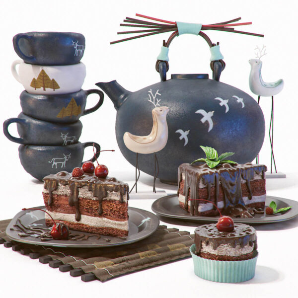 巧克力蛋糕和水壶茶杯等组合3D模型（MAX）