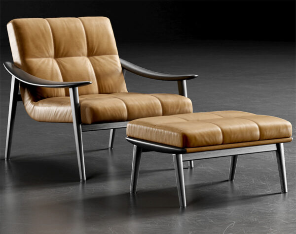 Minotti Fynn带脚凳的单人皮革沙发3D模型（OBJ,MAX）