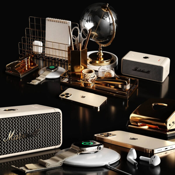 包含苹果手机 耳机 运动手表 文具等在内的工作桌面 工作场景3D模型（OBJ,MAX）