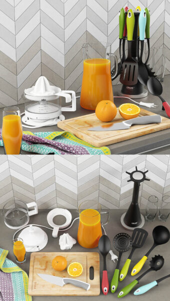 橙子 榨汁机 新鲜橙汁和厨具组合3D模型（OBJ,MAX）