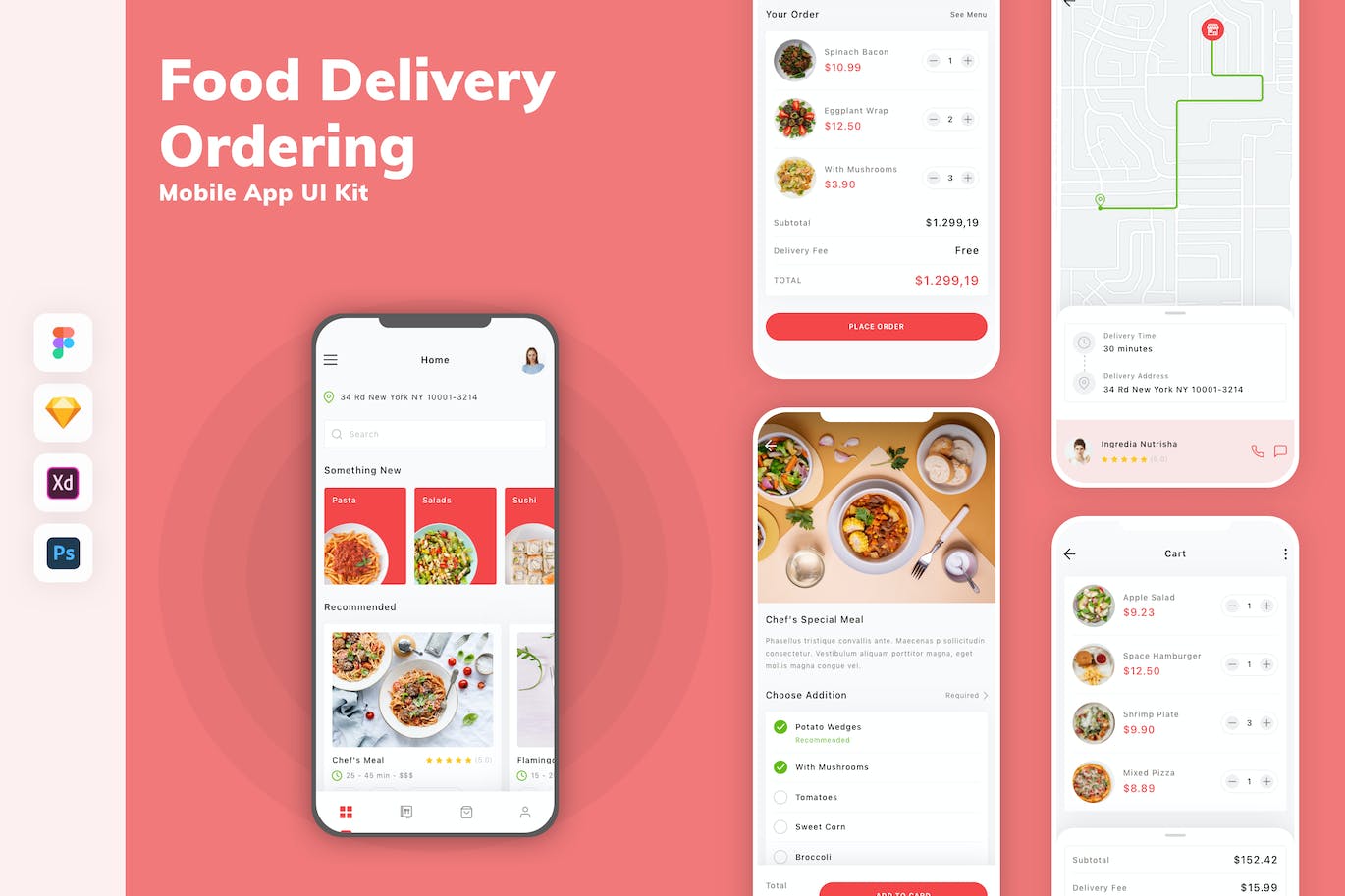 送餐和点餐手机应用App UI Kit (SKETCH,FIG,XD,PSD)