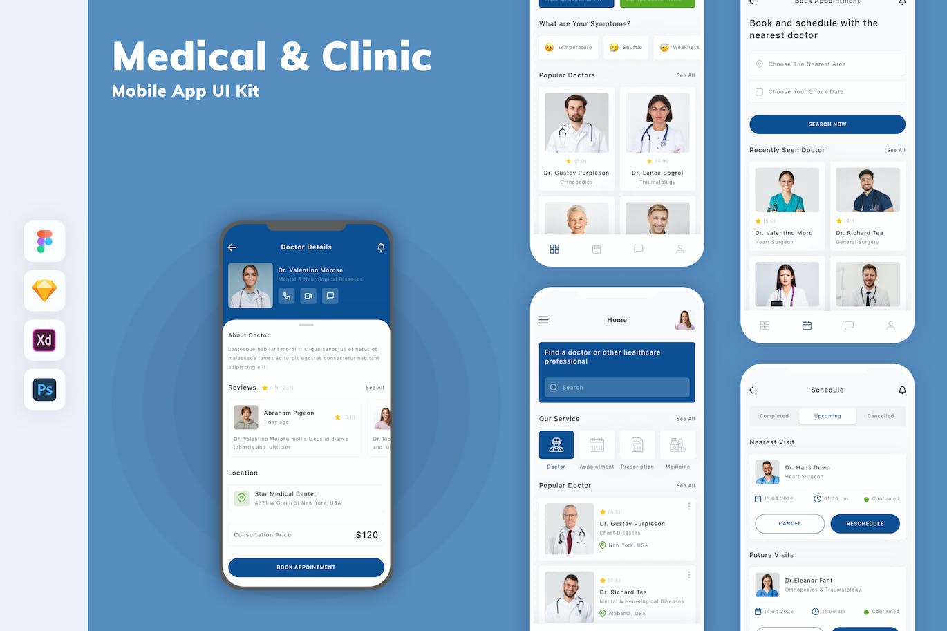 医疗和诊所移动应用App UI Kit (SKETCH,FIG,XD,PSD)