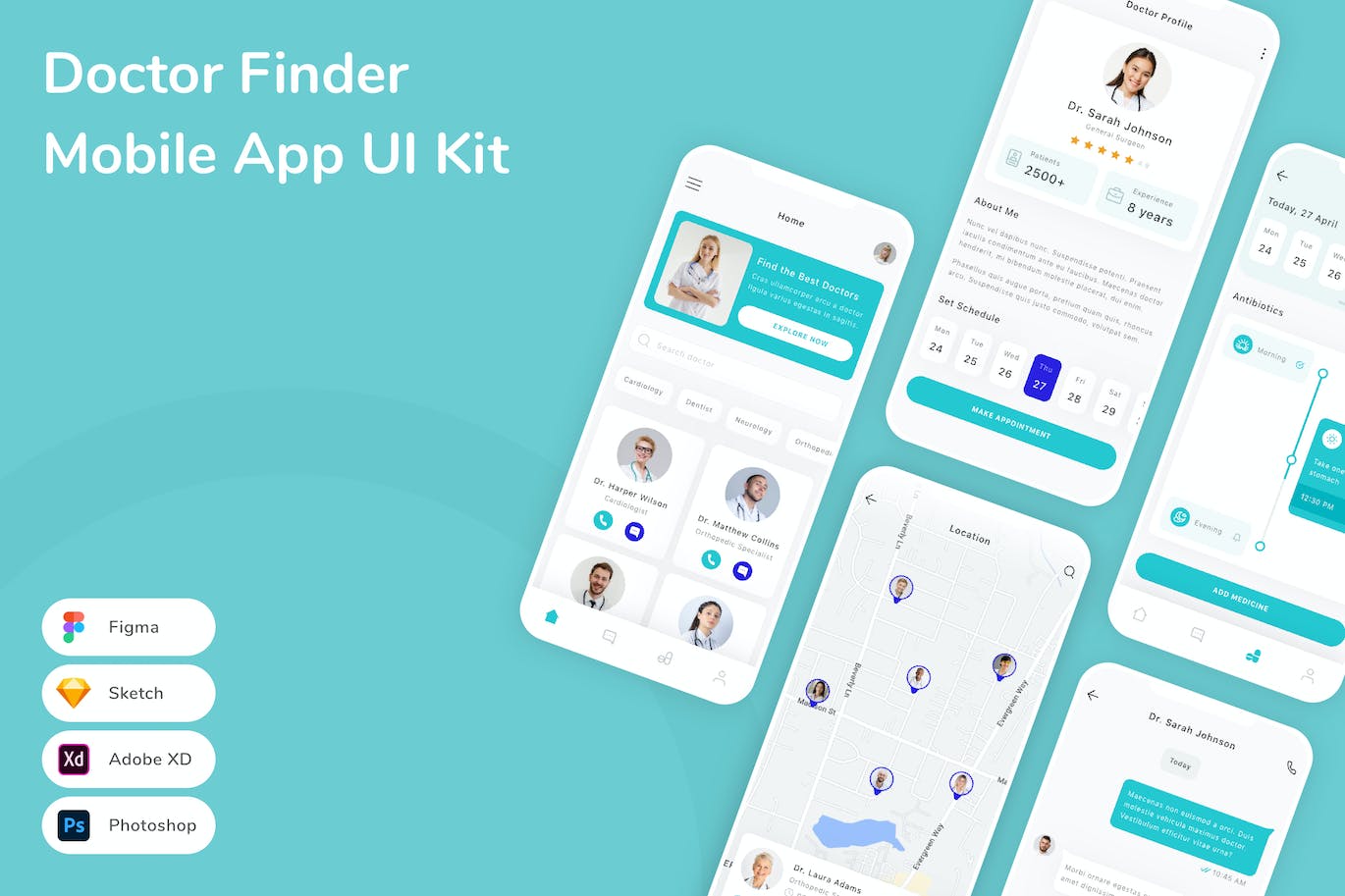 医生预约移动应用程序用App UI Kit (SKETCH,FIG,XD,PSD)