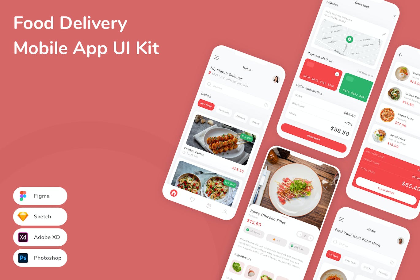 送餐手机应用App UI Kit (SKETCH,FIG,XD,PSD)