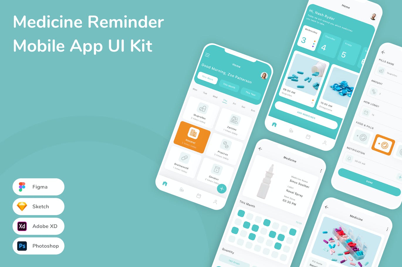 服药提醒移动应用 App UI Kit (SKETCH,FIG,XD,PSD)