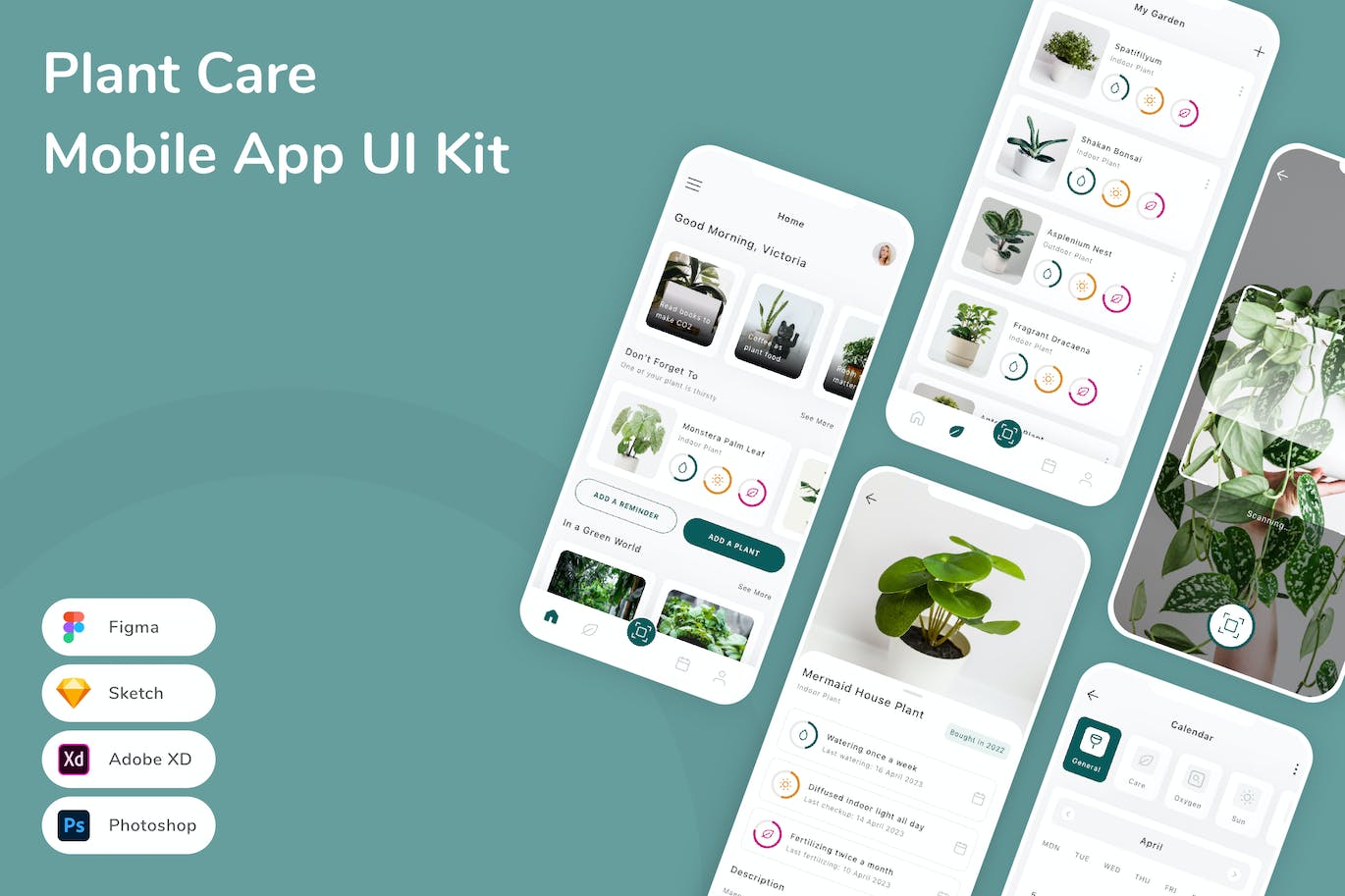 植物护理移动应用App UI Kit (SKETCH,FIG,XD,PSD)