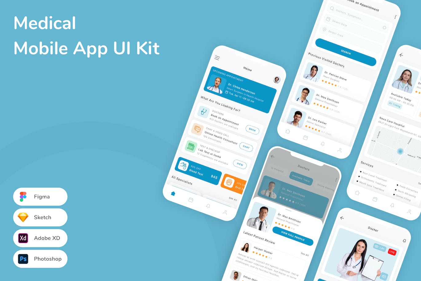 医疗移动应用App UI Kit (SKETCH,FIG,XD,PSD)