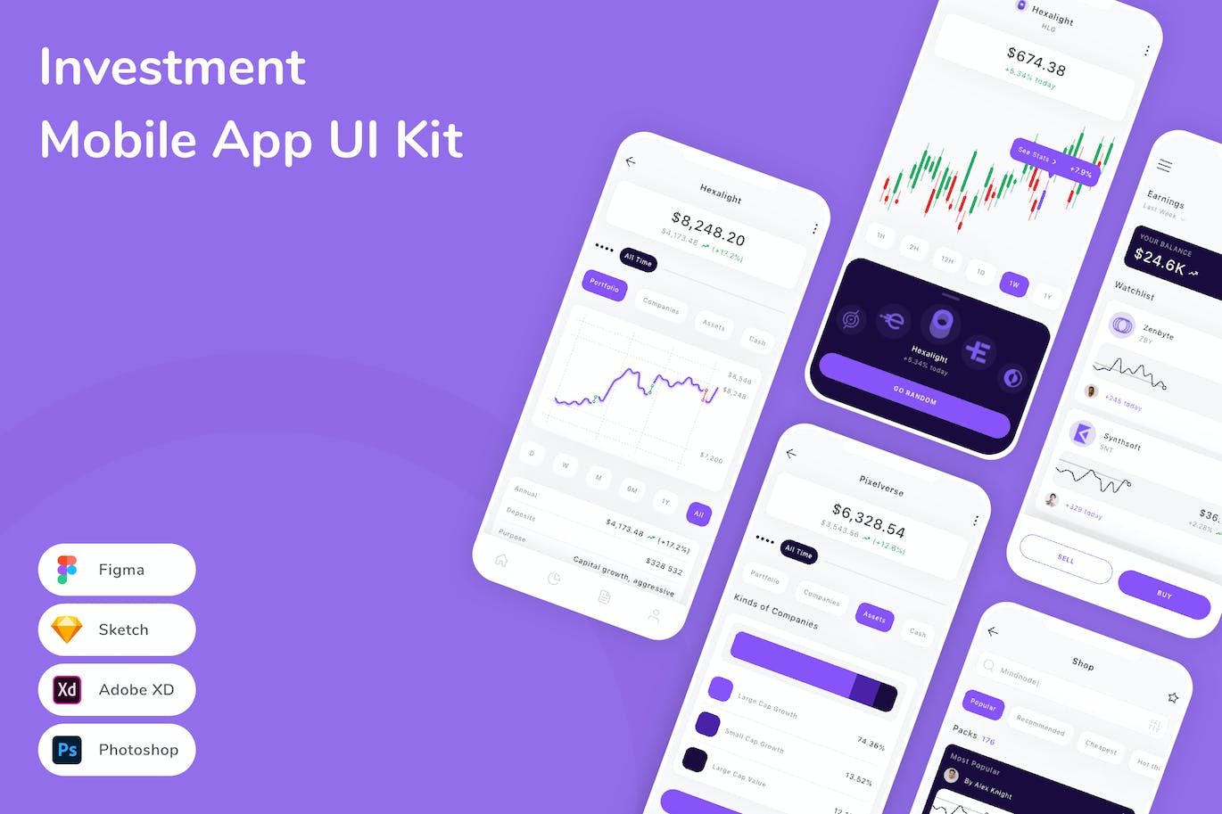 投资移动应用App UI Kit (SKETCH,FIG,XD,PSD)