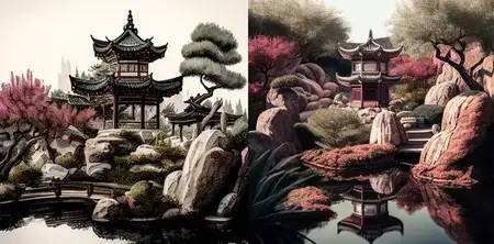 A-Chinoiserie-Chinese-garden-with-a-background-of-rock-and-pagoda.webp