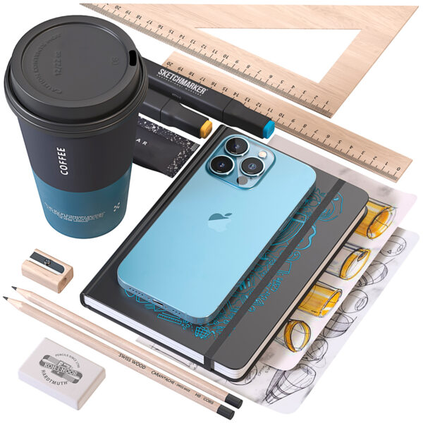 包含iphone 咖啡 尺子铅笔等文具的组合3D模型（OBJ,FBX,MAX）