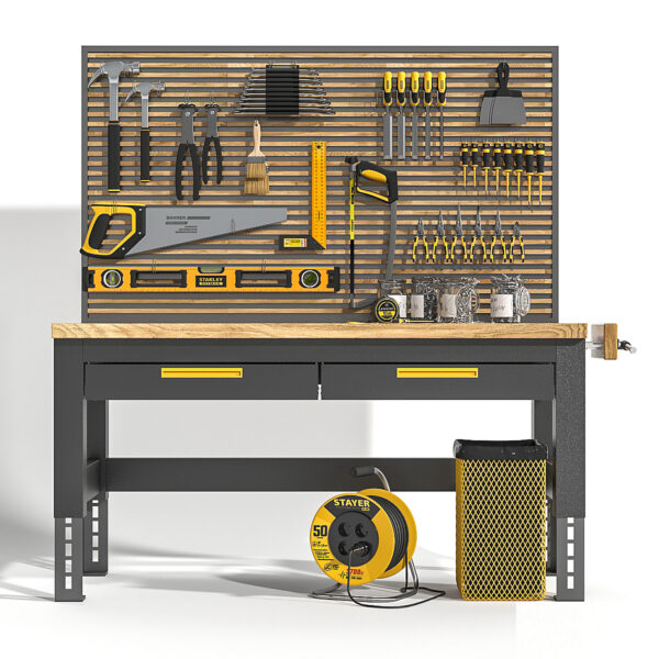 摆满锤子 锯子 钉子的操作台3D模型（OBJ）