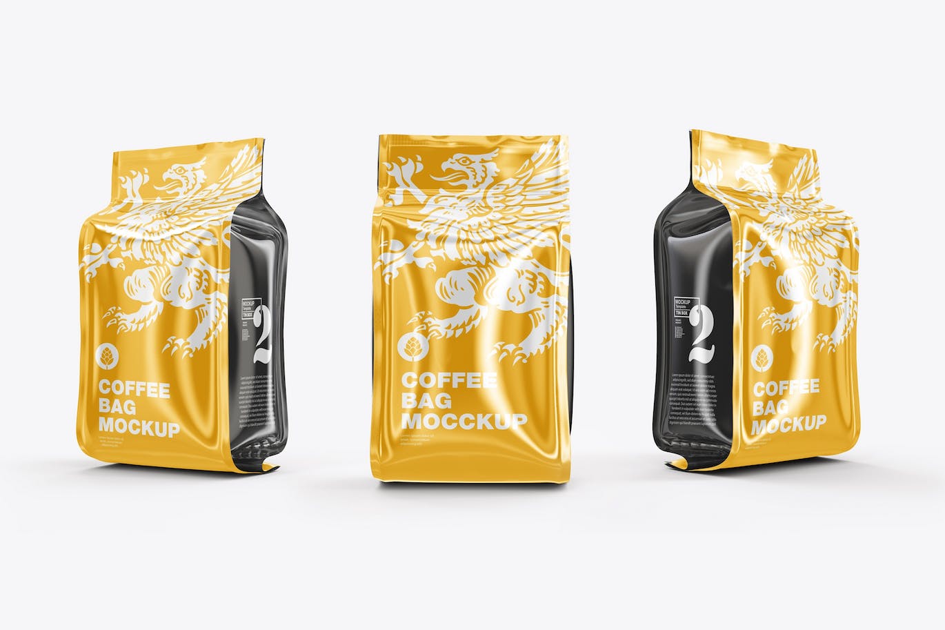 3个光泽塑料咖啡袋包装样机 (PSD)