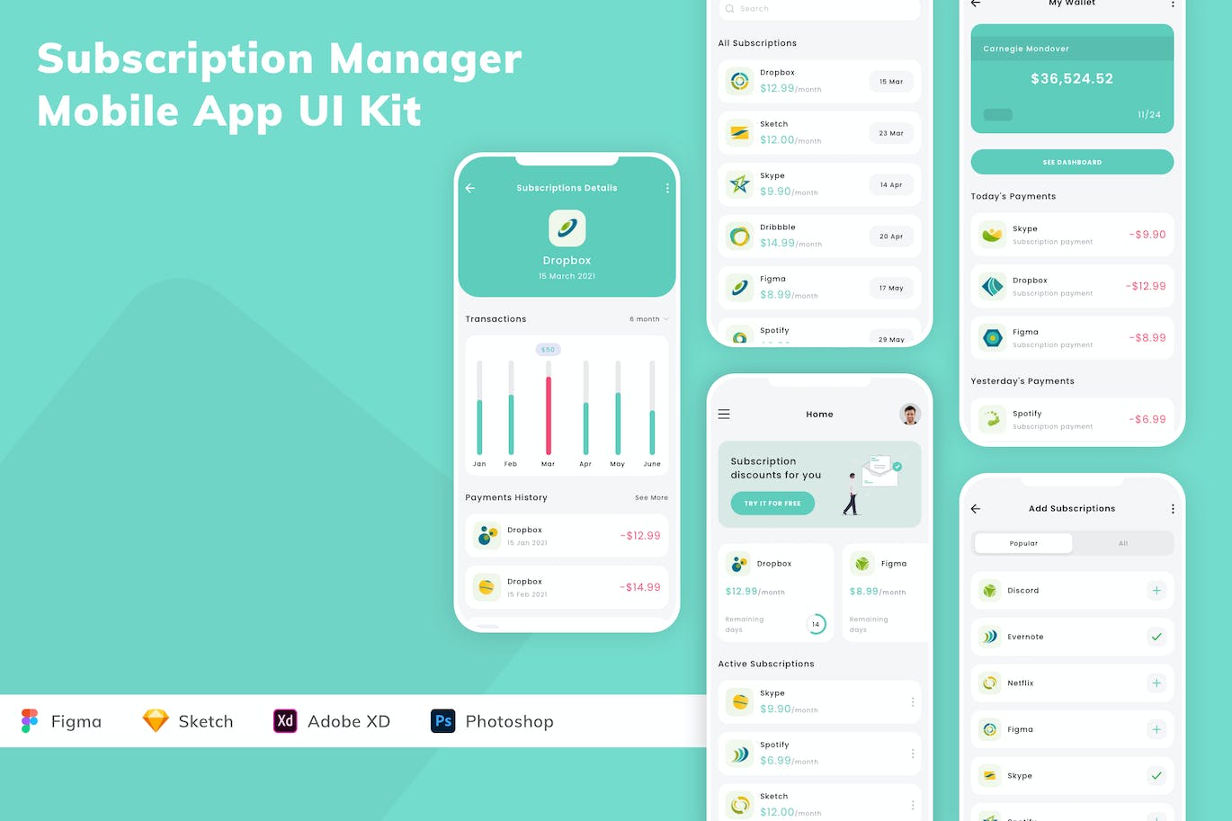 订阅管理移动应用App UI Kit (SKETCH,FIG,XD,PSD)