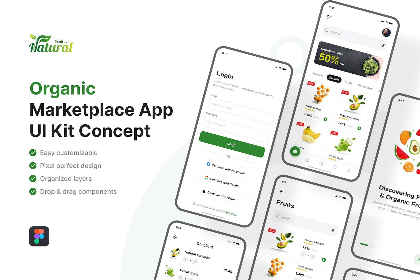 有机蔬菜市场生鲜移动应用App UI Kit (FIG)