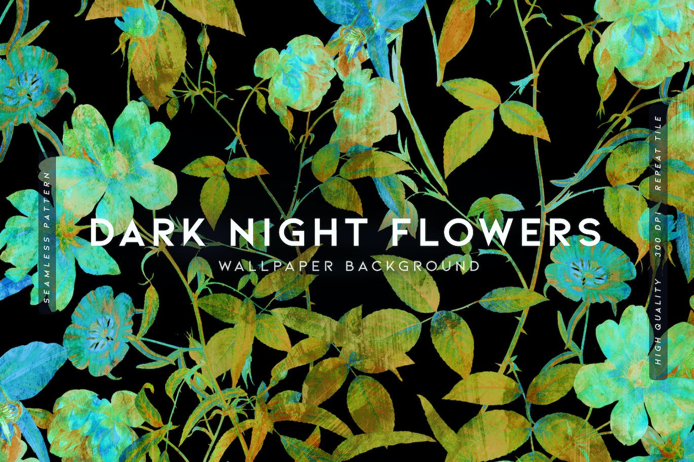 黑夜之花装饰性植物无缝图案 (JPG)