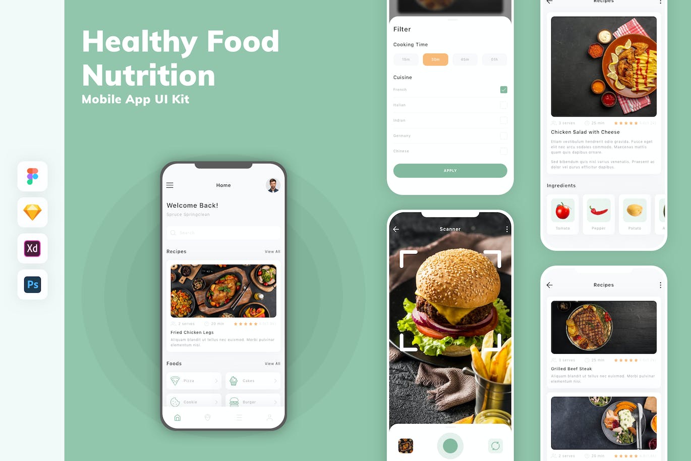健康食品与营养手机应用App UI Kit (SKETCH,FIG,XD,PSD)
