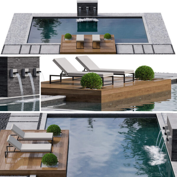 包含喷泉 绿植和躺椅的室外游泳池3D模型（MAX）