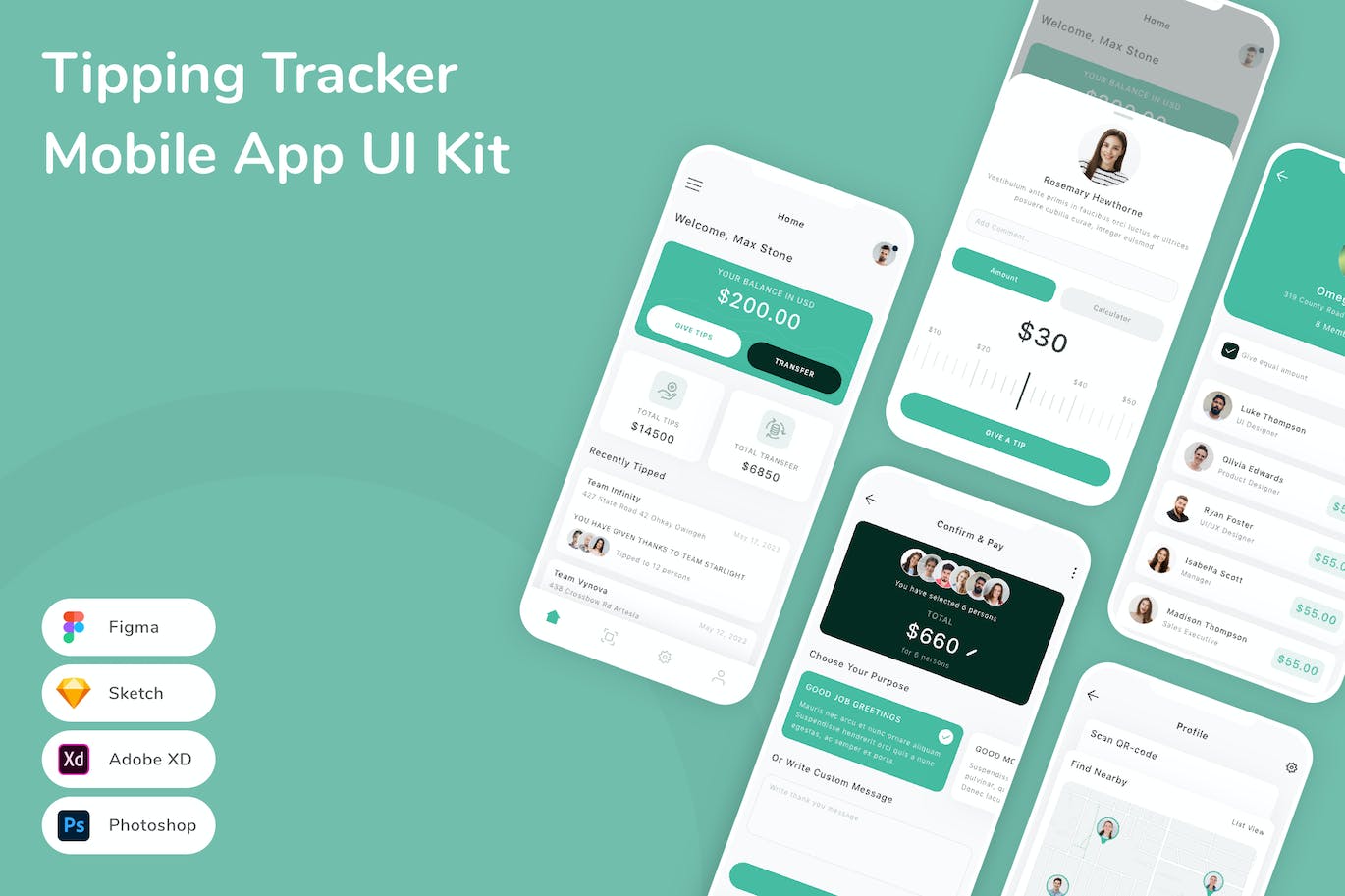 小费管理移动应用APP UI KIT (SKETCH,FIG,XD,PSD)