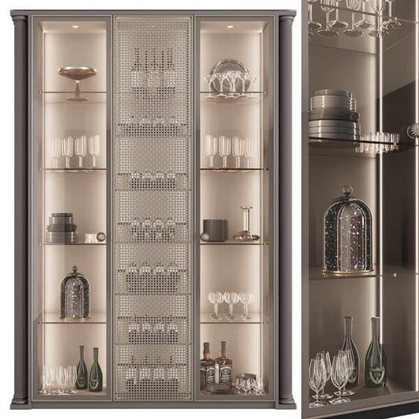 摆满陶瓷盘玩 酒杯玻璃器皿 红酒的橱柜3D模型（FBX,MAX）