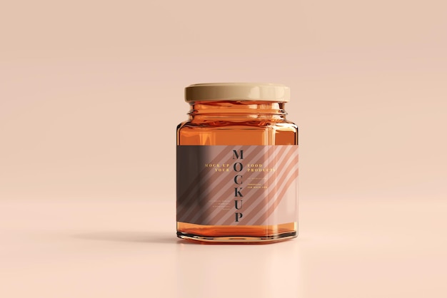 琥珀色蜂蜜玻璃瓶标签包装设计样机模板[psd]