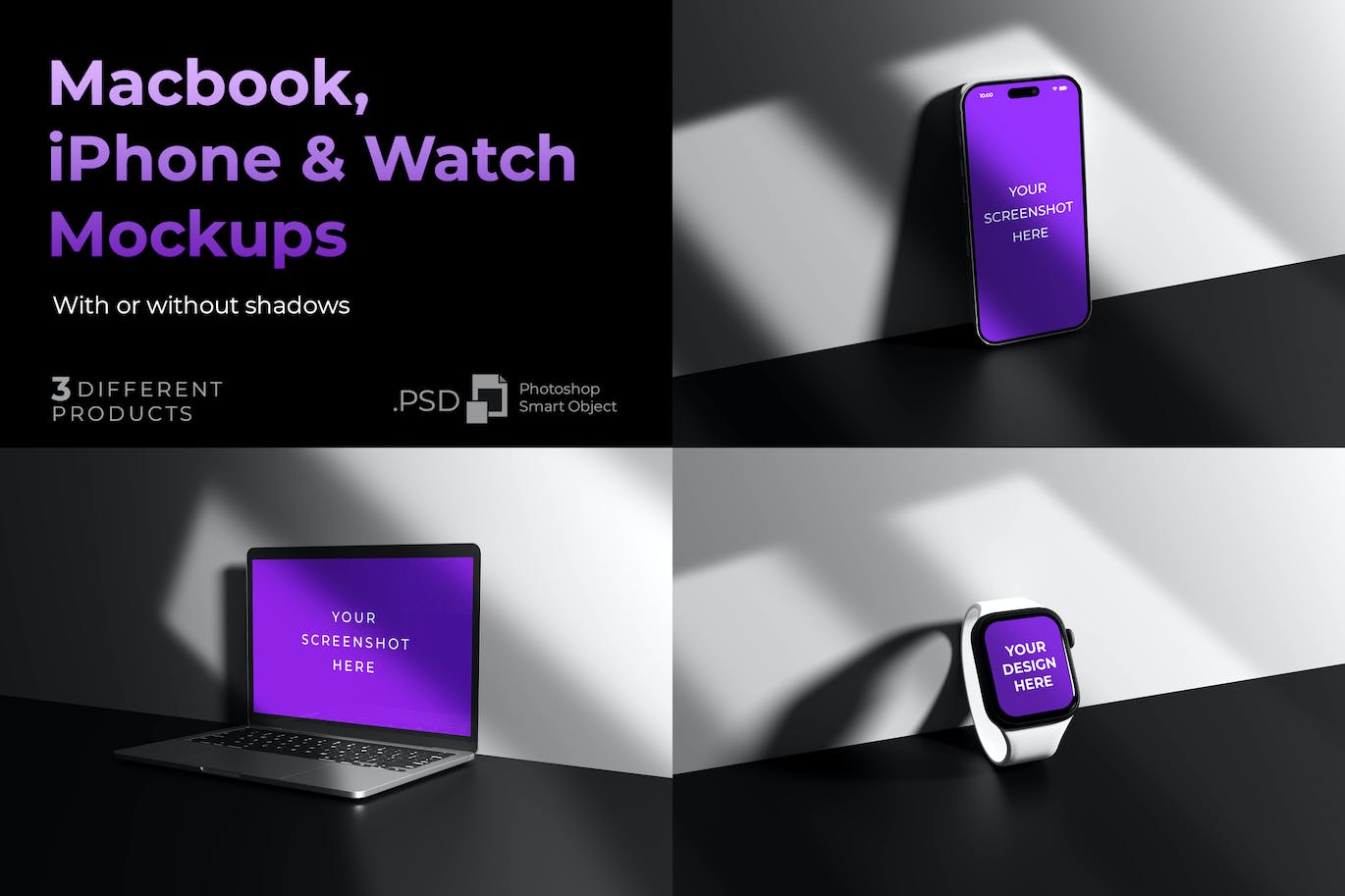 Macbook, iPhone 和 智能手表产品样机 (PSD)