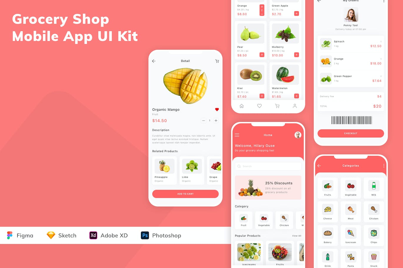 杂货店移动应用App UI Kit (SKETCH,FIG,XD,PSD)