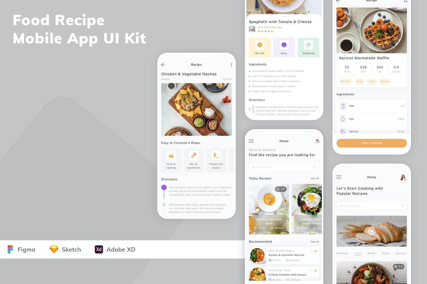美食食谱手机应用App UI Kit (SKETCH,FIG,XD)