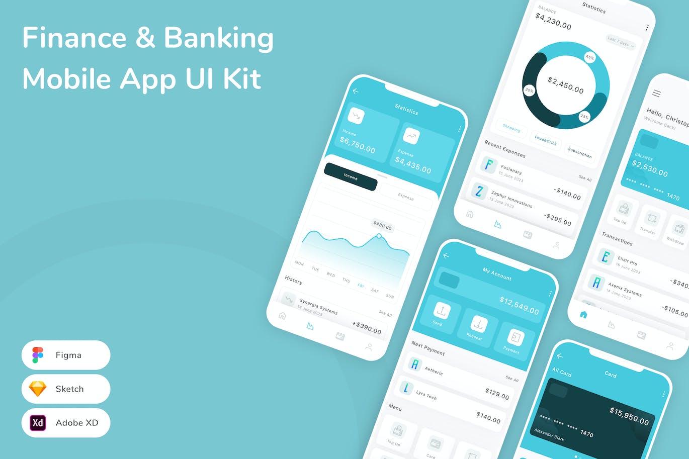 金融和银行移动应用App UI Kit (SKETCH,FIG,XD)